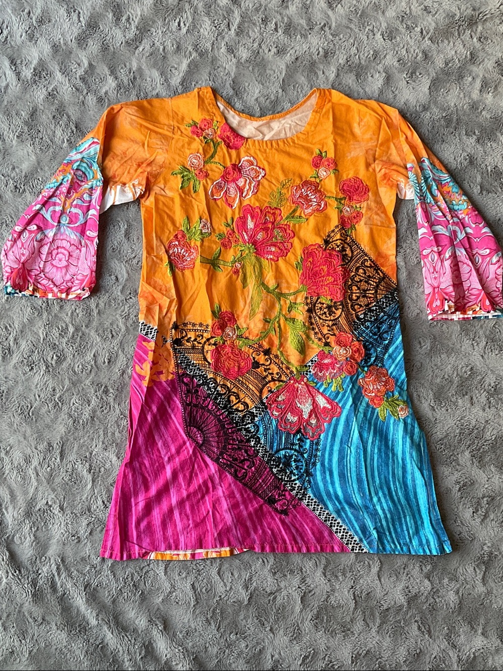 Vibrant Floral Patchwork Tunic Top - Orange Pink Blue